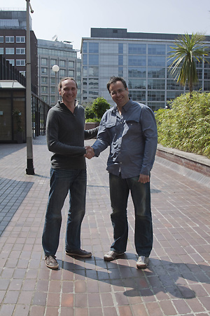 Dominique Brulhart of Merging Technologies and Thierry Bonvin of TSR celebrate the completion of the new workflow at the London AES show, May 2010.